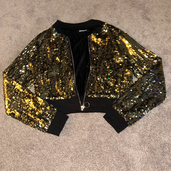 Allegra K Jackets & Blazers - Sequin Bomber Jacket New Women’s Black and Gold Small